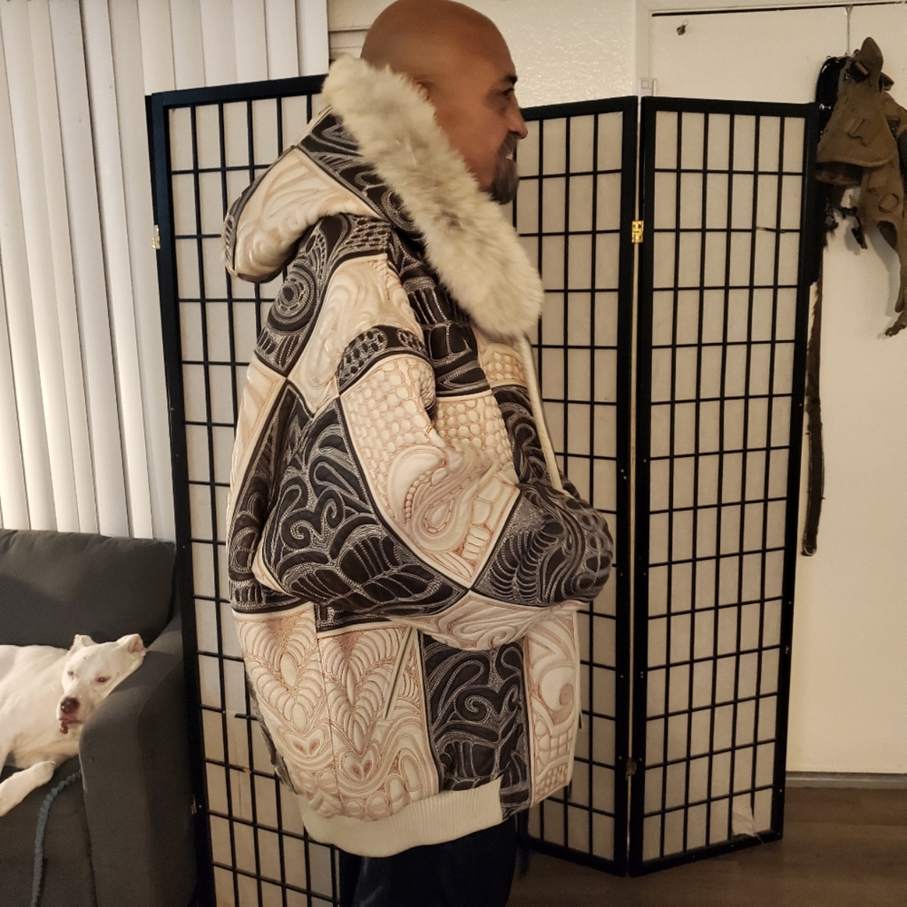 Rare Al Wissam Leather Bomber Jacket Viintage Embossed Tiki Design Men's Sz 54 - Picture 5 of 11